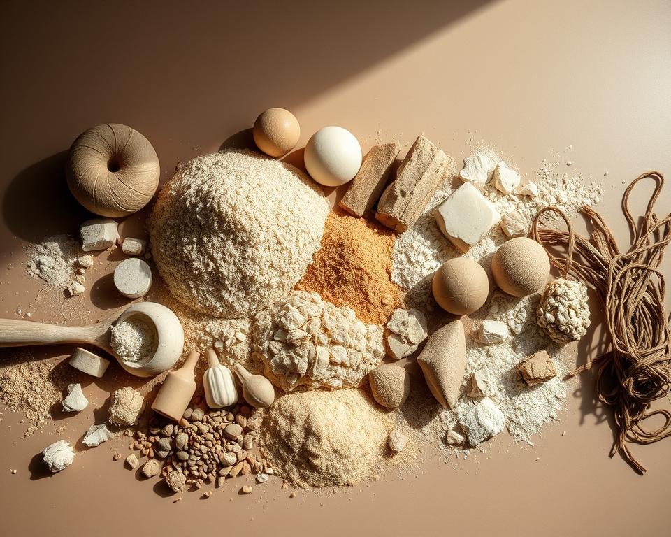 A table filled with various clay additives, including grog, sand, and fibers, arranged in an organized display. The objects are lit from above, casting soft shadows and highlighting their unique textures and colors. The background is a muted, neutral tone, allowing the clay materials to take center stage. The overall atmosphere conveys a sense of scientific study and curiosity, inviting the viewer to closely examine the different components that contribute to the plasticity of clay.