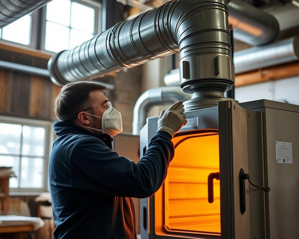 A technician inspecting a ceramic kiln's venting system, examining the ductwork and exhaust fan for maintenance. The scene is lit by a combination of natural light filtering through the workshop windows and task lighting illuminating the work area. The technician wears protective gear, including a face mask and gloves, as they carefully inspect the system components. The kiln itself is visible in the background, its interior glowing with the heat of the firing process. The overall atmosphere conveys a sense of diligence and attention to detail, with the technician's focus on ensuring the proper functioning of the venting system for safe, efficient ceramic firing.