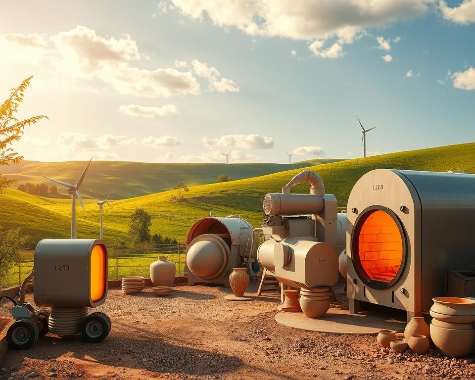 A vibrant, eco-friendly clay disposal alternative scene. In the foreground, a sleek, modern kiln powered by renewable energy sources emits a warm glow. In the middle ground, a series of stylized clay recycling machines efficiently transform discarded pottery into raw material. The background features a lush, verdant landscape with rolling hills and a clear blue sky, conveying a sense of sustainability and harmony. Subtle lighting casts dynamic shadows, highlighting the advanced, yet natural-looking technologies. The overall mood is one of innovation, environmental consciousness, and a commitment to a circular economy.