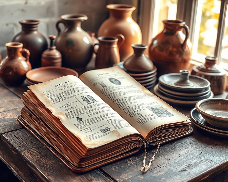 A vintage leather-bound book with a weathered cover, open to reveal aged pages filled with detailed illustrations and descriptions of various antique pottery pieces. The book rests on a worn, wooden table, surrounded by a collection of ceramic vases, jugs, and plates in a range of earth-toned hues. Soft, natural lighting filters in through a nearby window, casting a warm glow across the scene. The overall atmosphere evokes a sense of history, expertise, and the timeless allure of vintage pottery.