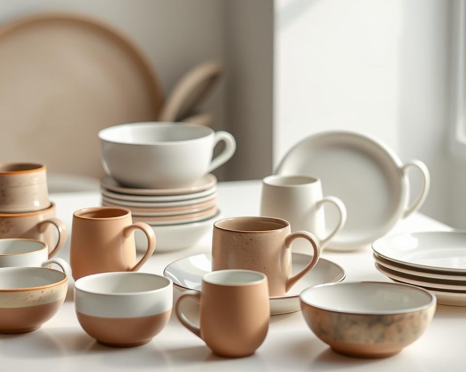 A well-curated collection of high-quality, dishwasher-safe pottery in a modern, minimalist setting. A soft, natural light illuminates the smooth, glossy surfaces of a variety of ceramic mugs, bowls, and plates arranged on a clean, white table. The pieces showcase a range of neutral, earthy tones and simple, elegant designs that exude a sense of sophistication and durability. The camera captures the items from a slight overhead angle, emphasizing their clean lines and sturdy construction, perfectly suited for everyday use and easy cleaning in the dishwasher.
