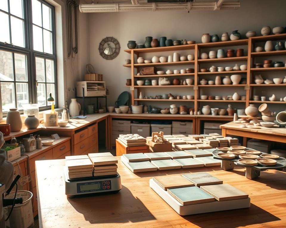 A well-equipped ceramic studio with an array of glaze test tiles arranged on a wooden workbench. Sunlight streams in through large windows, casting a warm, natural light across the scene. In the foreground, several test tiles sit atop a scale, as a chemist carefully measures and records the weight of each sample. In the middle ground, a variety of glaze materials and tools are neatly organized, hinting at the meticulous process of glaze formulation. The background features shelves displaying a diverse collection of ceramic pieces, each with a unique glaze finish, suggesting the culmination of the testing and adjusting efforts. The overall atmosphere is one of quiet scientific inquiry, where the pursuit of the perfect glaze is a captivating and methodical endeavor.