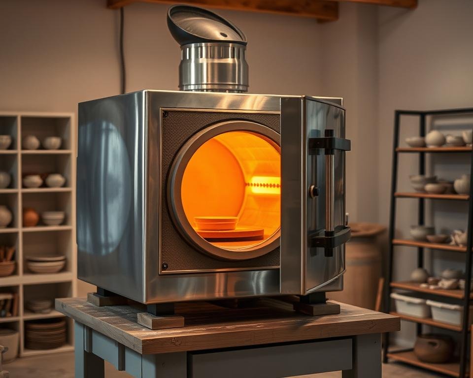 A well-lit ceramic pottery kiln in a spacious home studio. The kiln's metallic exterior gleams under warm, focused lighting, its door partially open to reveal the glowing embers within. The kiln is situated on a sturdy worktable, surrounded by shelves displaying finished pottery pieces. The background is a neutral, softly-lit space, allowing the kiln to be the central focus. The overall scene conveys a sense of precision, craftsmanship, and the careful attention required when operating a pottery kiln safely.