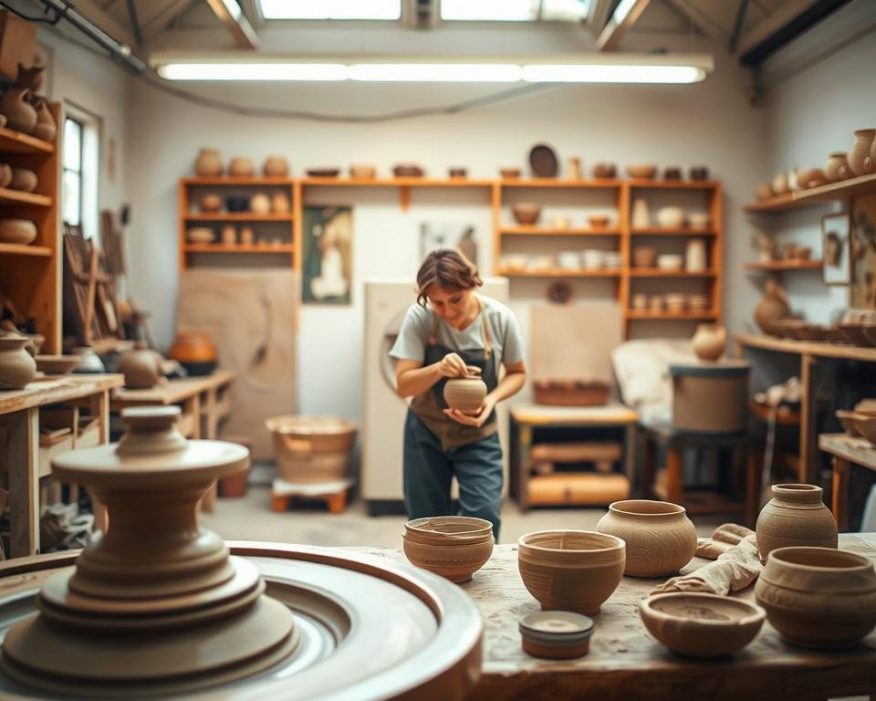 A well-lit ceramic studio with a potter's wheel and various handbuilding tools in the foreground. In the middle ground, a skilled artisan carefully shapes a clay vessel using coiling and pinching techniques. The background features a kiln and shelves displaying finished pottery pieces. Warm lighting from overhead casts soft shadows, creating a serene and focused atmosphere. The image conveys the intricate process of crafting unique, handbuilt ceramics.