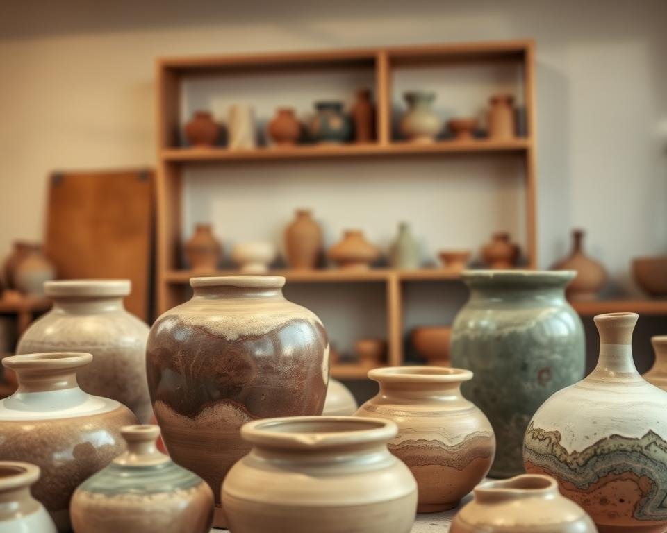 A well-lit ceramic studio with a selection of handcrafted clay containers in the foreground. The containers feature various glazed finishes, textured surfaces, and organic shapes, showcasing the artistry of pottery. In the middle ground, a wooden shelving unit displays additional pottery pieces, while the background fades into a soft, neutral-toned wall, creating a serene and inviting atmosphere. The lighting is warm and diffused, highlighting the natural beauty and tactile qualities of the clay vessels.