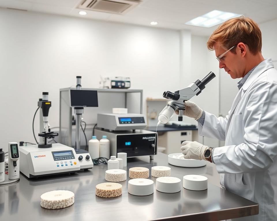 A well-lit ceramic testing laboratory, with a focus on a set of ceramic samples undergoing deflocculant evaluation. In the foreground, a technician in a white lab coat carefully pipettes a deflocculant solution onto the ceramic samples, observing the dispersion and settling patterns through a high-magnification microscope. The middle ground features a array of testing equipment, including a viscometer, particle size analyzer, and pH meter, all arranged neatly on a stainless steel countertop. The background showcases the clean, clinical environment of the lab, with pristine white walls and recessed lighting casting a soft, even glow over the entire scene. The overall mood conveys a sense of scientific rigor and attention to detail, crucial for evaluating the efficiency of ceramic deflocculants.