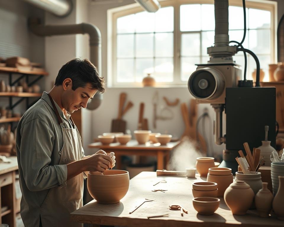 A well-lit ceramic workshop filled with natural light, featuring a clean and organized workstation. In the foreground, a skilled artisan carefully measures and mixes clay, meticulously following safety protocols. In the middle ground, a high-efficiency dust extraction system quietly operates, capturing fine particulate matter. The background showcases various ceramic tools and equipment, arranged with care and attention to detail. The overall atmosphere is one of professionalism, safety, and a deep respect for the craft. Soft shadows and warm tones create a sense of tranquility, reflecting the importance of responsible studio practices.
