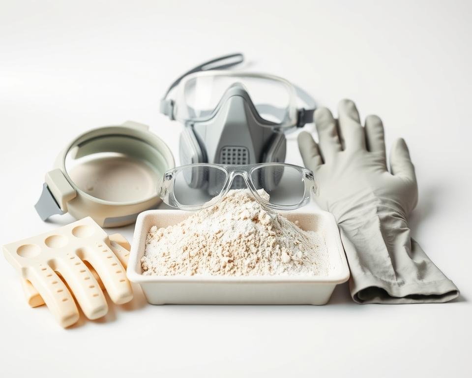 A well-lit, close-up photograph of various ceramic glaze safety equipment and tools, including a respirator mask, safety goggles, latex gloves, and a tray of powdered glaze materials. The scene is set against a clean, white background, with a sense of order and precision. The lighting is soft and diffused, highlighting the textures and colors of the materials. The composition draws the viewer's eye to the center, where the key safety items are prominently displayed, conveying the importance of proper precautions when working with ceramic glazes.