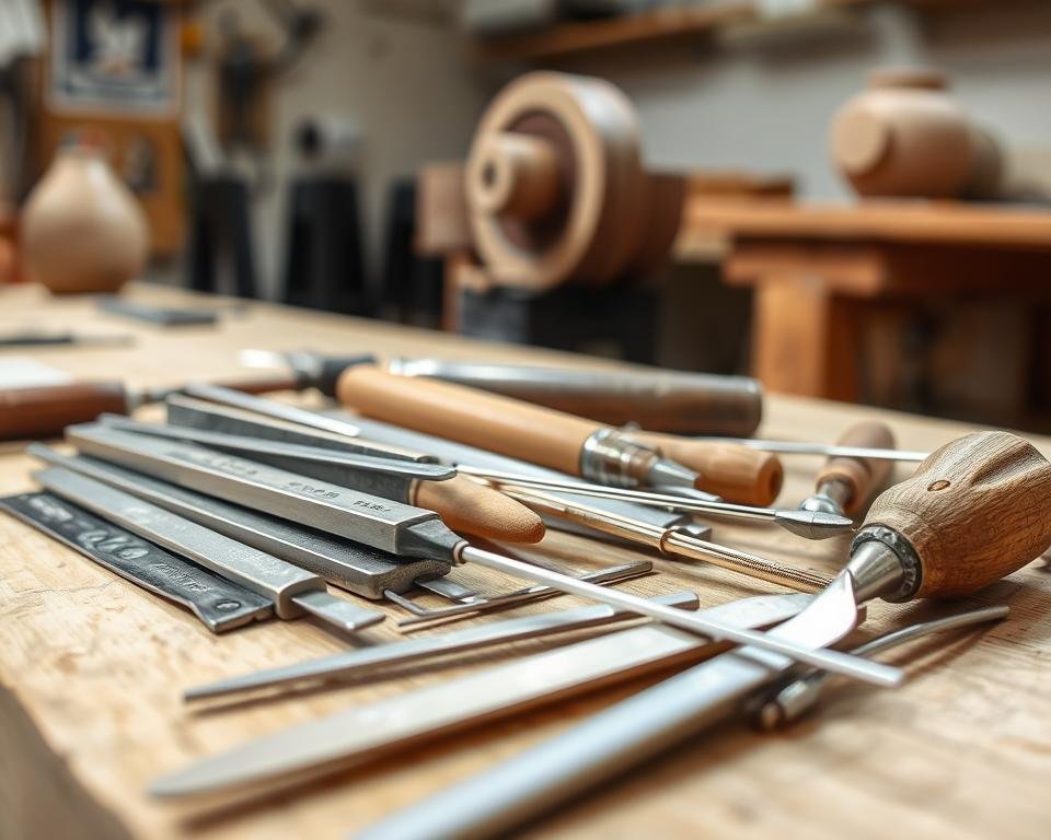 A well-lit, close-up shot of a potter's workbench displaying an assortment of trimming tools, including metal ribs, wooden bats, and wire tools. The tools are neatly arranged, some freshly sharpened, reflecting the light. In the background, a pottery wheel and a few finished ceramic pieces add context. The composition emphasizes the importance of maintaining these essential tools for successful pottery trimming, with a sense of order and attention to detail.
