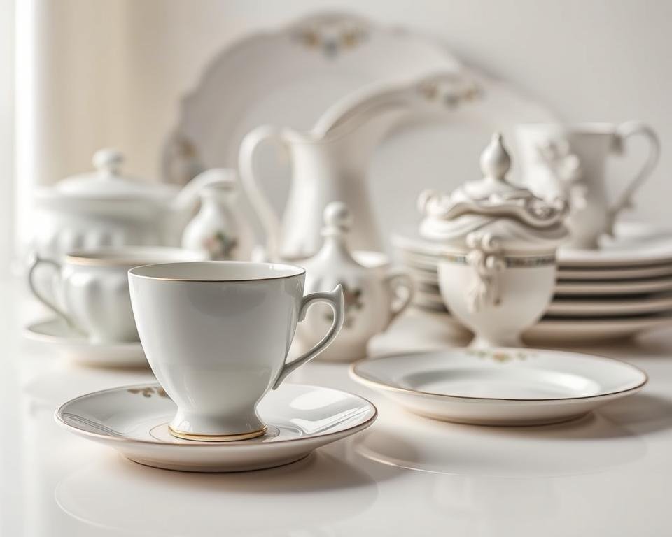 A well-lit, closeup view of various porcelain tableware and home decor items arranged neatly on a pristine white surface. The foreground features a delicate porcelain teacup and saucer, a decorative vase, and a small porcelain statuette. The middle ground showcases a porcelain serving plate, a pitcher, and a decorative bowl. The background is softly blurred, highlighting the intricate textures and patterns of the porcelain pieces. The lighting is soft and diffused, emphasizing the translucent, glossy finish of the porcelain. The overall mood is one of refined elegance and careful attention to detail, conveying the proper care and maintenance required for these precious, fragile objects.