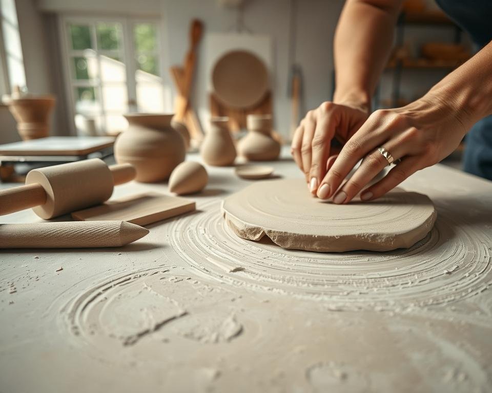 A well-lit, detailed close-up view of a ceramic slab building process. In the foreground, skilled hands carefully shape and smooth a slab of clay, showcasing the intricate textures and organic patterns of the material. In the middle ground, various slab-building tools and techniques are displayed, including a rolling pin, a serrated edge cutting tool, and hand-molded clay forms. The background features a clean, minimalist studio setting with natural lighting streaming in, lending a sense of focus and serenity to the scene. The overall mood is one of craftsmanship, precision, and the tactile joy of working with clay.