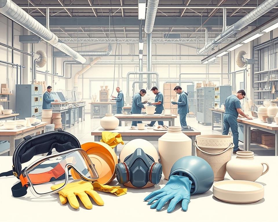 A well-lit, detailed illustration of ceramic industry safety guidelines, featuring a foreground of various personal protective equipment like goggles, respirators, and gloves, arranged neatly on a clean workbench. In the middle ground, a group of ceramic artists and technicians engaged in safe handling and processing of clay, glazes, and other materials, following proper safety protocols. The background showcases a modern ceramic workshop with state-of-the-art dust collection systems, ventilation, and other engineering controls to mitigate silica dust exposure. The overall mood is informative, educational, and promotes a culture of safety in the ceramic industry.
