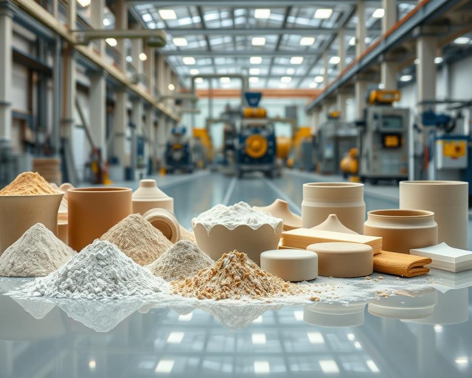 A well-lit, high-resolution close-up of various types of deflocculants commonly used in the ceramic industry. The foreground features an assortment of powdered and liquid deflocculants, such as sodium silicate, phosphates, and polyelectrolytes, displayed on a clean, reflective surface. The middle ground showcases ceramic materials, including clay, slip, and glaze, interacting with the deflocculants. The background depicts a modern ceramic production facility, with equipment and machinery visible in the distance, conveying the industrial context. The lighting is crisp and evenly distributed, highlighting the technical details and textures of the materials. The overall composition emphasizes the importance of deflocculants in the ceramic manufacturing process.