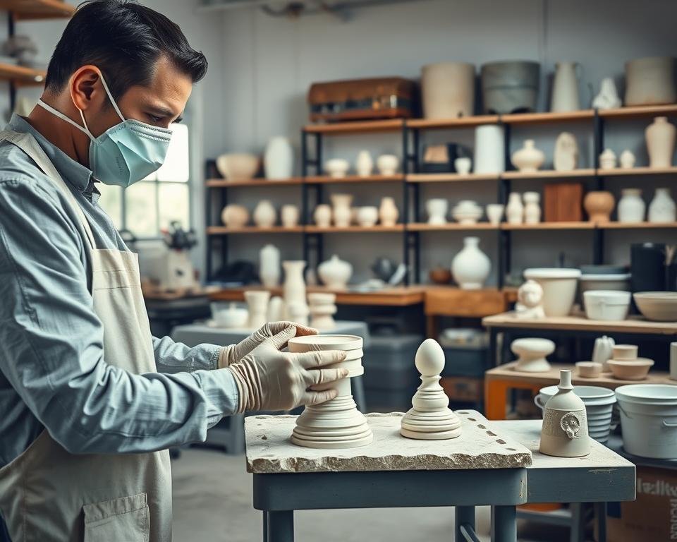 A well-lit, high-resolution image of a slip casting studio with a clear focus on safety precautions. In the foreground, a worker wearing a dust mask, gloves, and a protective apron diligently handling a mold. In the middle ground, various tools and equipment used in slip casting, such as a potter's wheel, a kiln, and a plaster model. The background showcases the organized workspace, with shelves displaying finished ceramic pieces and storage containers for slip and other materials. The overall scene conveys a sense of professionalism, attention to detail, and a commitment to safe practices in the art of slip casting.