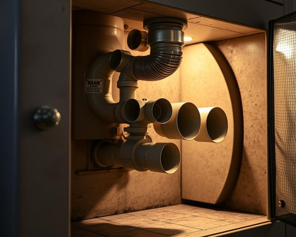 A well-lit industrial ceramic kiln, with its intricate venting system in focus. The kiln's exterior showcases a series of interconnected ducts and exhaust ports, allowing for the controlled release of heat and fumes. The scene has a sense of technical precision, with the venting components highlighted against a subtly textured background, suggesting the high-temperature environment. The lighting casts dramatic shadows, emphasizing the mechanical nature of the venting system. The overall composition aims to convey the importance of proper kiln venting for safe and efficient ceramic firing.