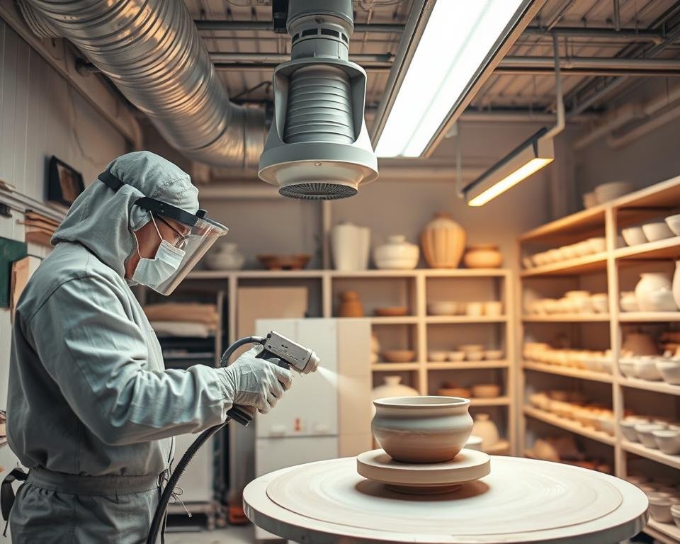 A well-lit, industrial-style glaze spray booth in a ceramic workshop. The foreground features an operator in protective gear, carefully spraying glaze onto a ceramic piece on a turntable. In the middle ground, adjustable ventilation ducts and an air filtration system ensure a safe, controlled environment. The background showcases shelves of raw materials, tools, and finished pottery pieces, all bathed in the warm glow of overhead lighting. The scene conveys a sense of focused, meticulous work, with an emphasis on safety and precision.