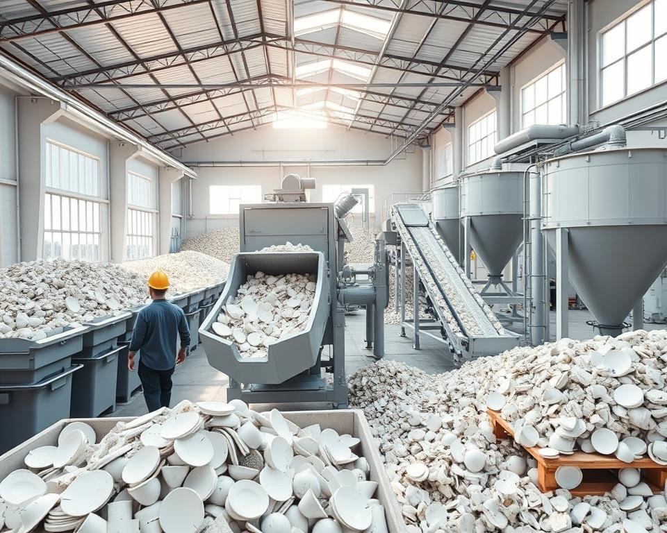 A well-lit, modern ceramic recycling facility with rows of large collection bins and specialized equipment for sorting, crushing, and processing discarded ceramic materials. The foreground features a worker carefully loading shattered porcelain pieces into a hopper, while the middle ground showcases a conveyor belt system transporting the crushed ceramics to storage silos. In the background, sunlight streams through large windows, illuminating the clean, organized workspace and giving the scene a sense of environmental responsibility. The overall atmosphere conveys a efficient, eco-friendly approach to ceramic waste disposal.