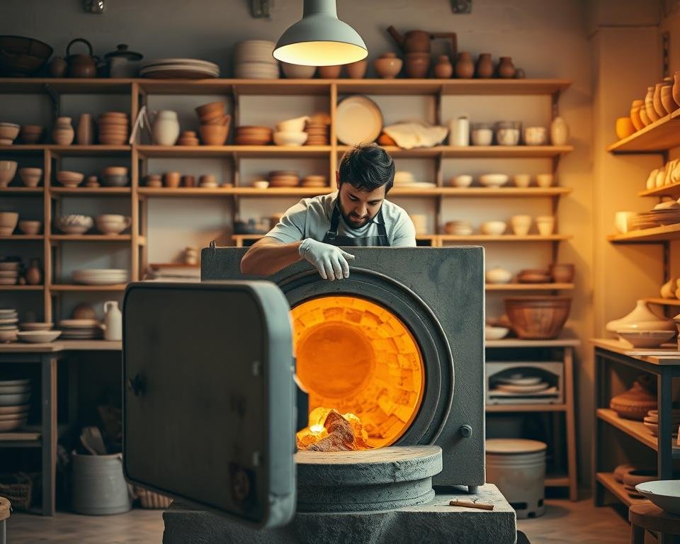 A well-lit pottery studio with a central kiln in the foreground. The kiln's door is open, revealing the glowing embers inside. In the middle ground, a potter is carefully examining the kiln's interior, wearing a protective apron and gloves. On the shelves behind, various pottery tools and supplies are neatly organized. The lighting is warm and inviting, casting a soft glow over the scene. The walls are lined with shelves displaying finished ceramic pieces, hinting at the creative process. The overall atmosphere conveys a sense of focused, skilled craftsmanship.