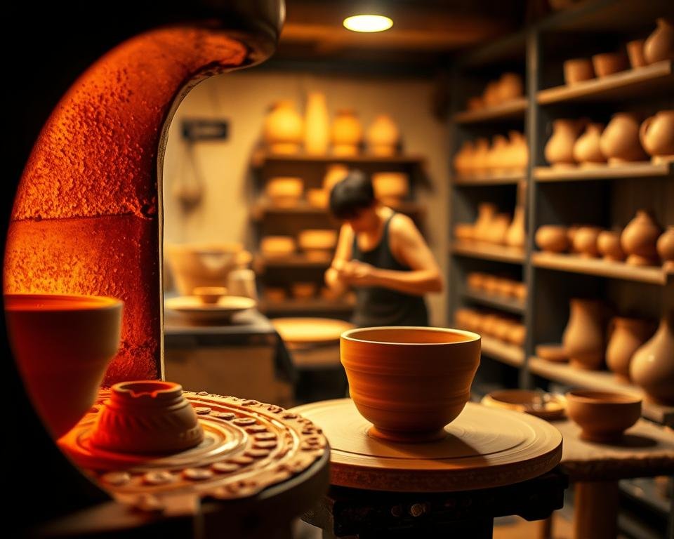 A well-lit pottery studio with a kiln in the foreground, its flames licking the clay vessels inside. In the middle ground, a potter skillfully shapes a clay form on a pottery wheel, their hands expertly guiding the material. The background features shelves of partially completed pottery pieces, their surfaces glistening with anticipation of the firing process. Warm, ambient lighting casts a golden glow, highlighting the textural details of the clay. The scene conveys the transformative power of the firing process, where raw material is converted into functional and artistic ceramic objects.