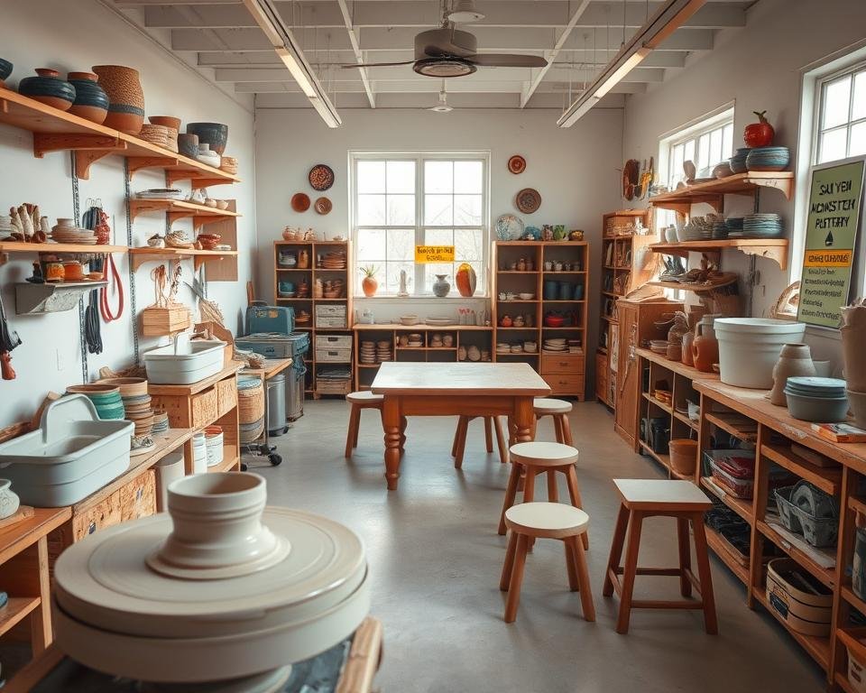 A well-lit pottery studio, with a variety of ceramic tools and equipment neatly arranged on sturdy wooden shelves. In the foreground, a potter's wheel stands ready, its surface gleaming under the soft, diffused lighting. The walls are adorned with vibrant, colorful pottery pieces, showcasing the creative potential of the space. In the middle ground, a large, open work table is surrounded by comfortable stools, inviting potters to collaborate and share techniques. The background features large windows, allowing natural light to flood the room and create a warm, inviting atmosphere. Safety signage is strategically placed, providing clear instructions on proper handling of tools, clay, and glazes. The overall scene conveys a sense of order, safety, and creativity, perfectly suited for the "Safety Tips for Pottery Makers" section of the article.
