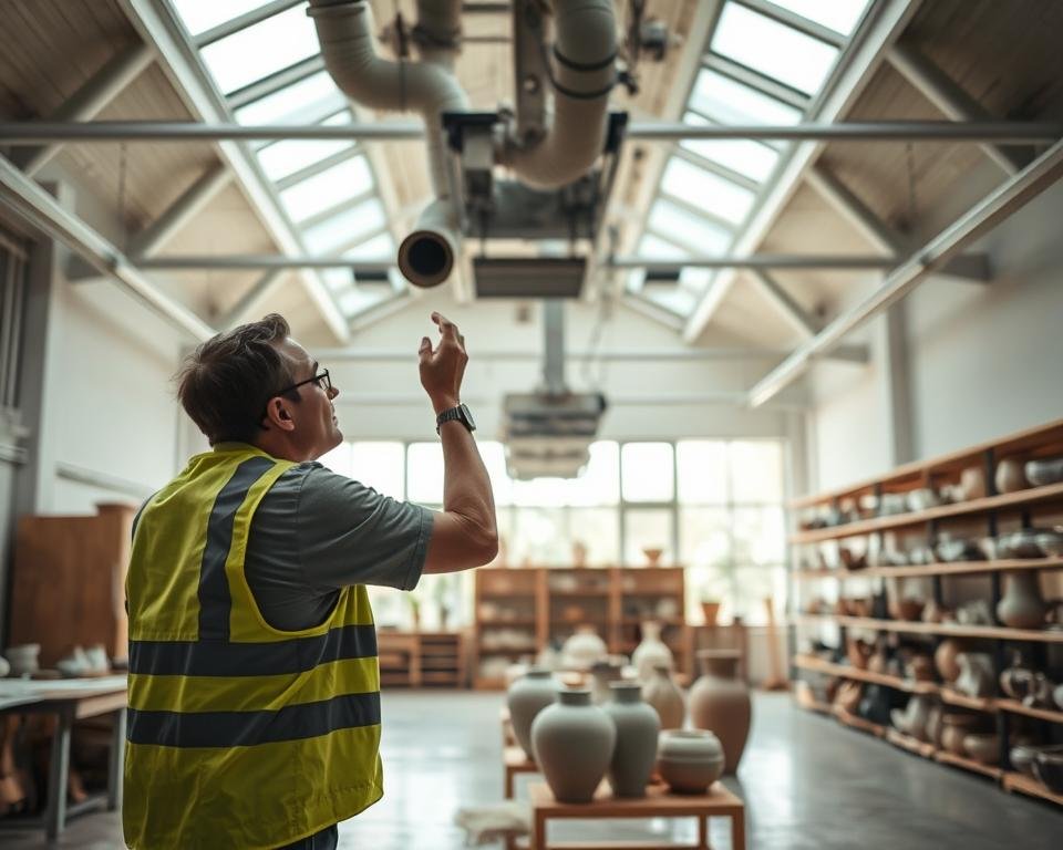 A well-lit, spacious ceramic studio with a high-ceiling and large windows. In the foreground, a technician in a safety vest is inspecting and maintaining the ventilation system, checking air filters and adjusting air vents. The middle ground showcases various ceramic works in progress, including partially glazed vases and sculptures. In the background, shelves line the walls, displaying finished ceramic pieces. Soft, diffused natural light filters in, creating a warm, serene atmosphere conducive to creative work.