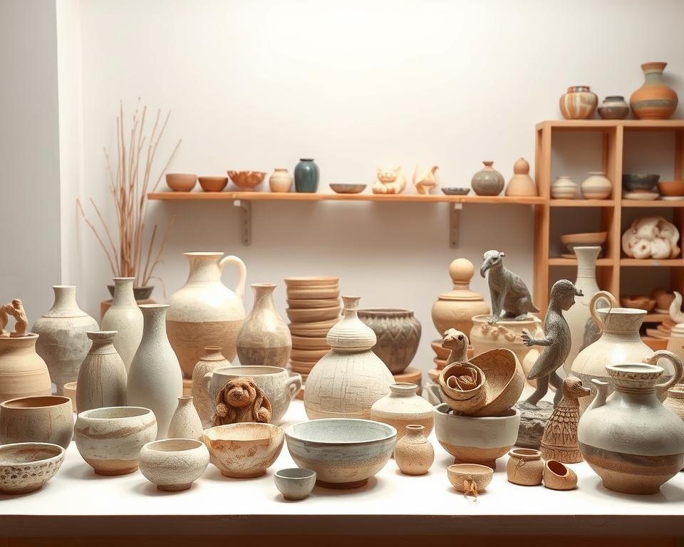 A well-lit studio filled with an assortment of handmade ceramic creations, including delicate porcelain vases, earthy stoneware bowls, and intricate ceramic sculptures. The pieces are arranged on a clean, neutral-toned backdrop, allowing their unique textures, glazes, and forms to take center stage. The lighting is soft and diffused, highlighting the subtle details and creating a serene, contemplative atmosphere. The composition is balanced, with the ceramic creations positioned in a visually appealing arrangement that invites the viewer to examine each piece closely. The overall scene conveys a sense of artisanal craftsmanship and the joy of working with clay.
