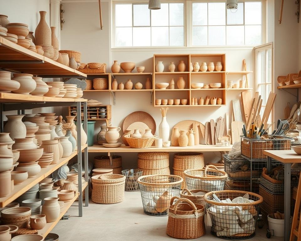A well-lit studio setting with a variety of ceramic storage solutions. In the foreground, an assortment of handcrafted clay bowls, vases, and jars neatly arranged on wooden shelves. In the middle ground, a collection of woven baskets and wire mesh bins holding an array of pottery tools and materials. The background features a neutral-toned wall with a large window, casting a soft, diffused light across the scene. The overall atmosphere is one of order, creativity, and an appreciation for the beauty of functional ceramic pieces.