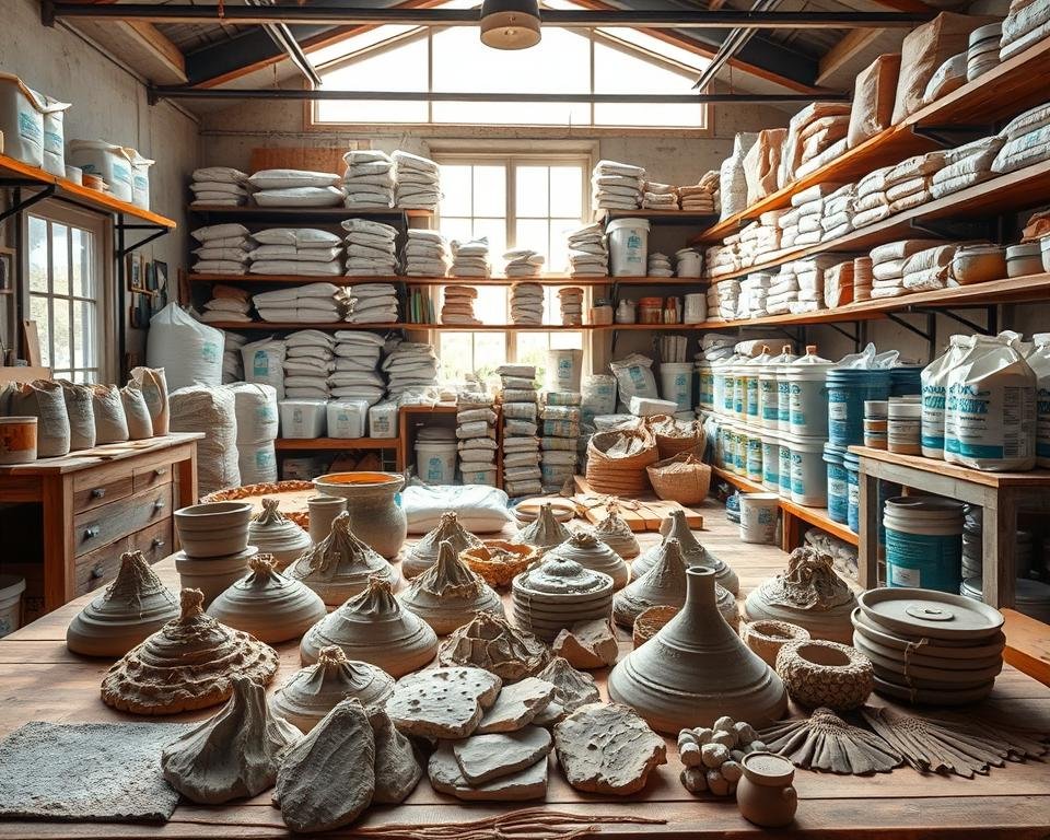 A well-lit studio space filled with an array of ceramic raw materials. In the foreground, various types of clay samples sit on a wooden table, their textures and colors inviting closer inspection. In the middle ground, stacks of bags and buckets containing minerals, oxides, and other additives line the shelves, neatly organized and labeled. The background features a large window, allowing natural light to flood the room and creating a warm, inviting atmosphere. The overall scene conveys a sense of professionalism, attention to detail, and a commitment to providing high-quality ceramic raw materials to discerning customers.