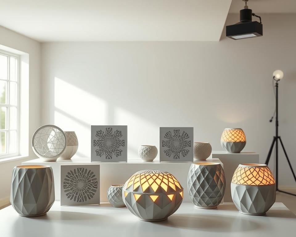 A well-lit studio space, showcasing an array of sleek, modern ceramic air filters placed strategically on various surfaces. The filters are designed with intricate geometric patterns, emanating a sense of sophistication and attention to detail. The lighting, a combination of soft, diffused natural illumination and subtle accent lighting, casts a warm, inviting glow that enhances the textural qualities of the ceramic material. The filters are arranged in a visually appealing manner, creating a harmonious and cohesive composition that emphasizes their functional and aesthetic benefits. The overall mood is one of tranquility and creative inspiration, highlighting the transformative power of these innovative air purification solutions within the studio environment.