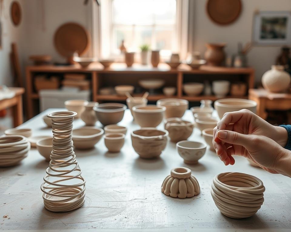 A well-lit studio with a soft, diffused light source illuminating a table top covered in a variety of intricate clay coil projects. In the foreground, a delicate coil vase takes shape, the artist's hands carefully manipulating the malleable clay. In the middle ground, several half-finished coil bowls and cups sit waiting to be smoothed and refined. The background features a selection of finished pieces, their organic, textured surfaces glistening under the warm lighting. The overall mood is one of focused creativity and the quiet, meditative process of coil building pottery.