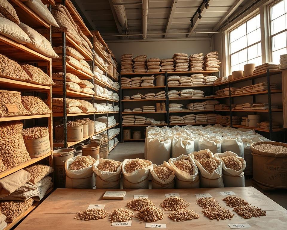 A well-lit workshop interior, with rows of shelves stocked with various ceramic grog materials. Bags and bins filled with coarse, gritty grog granules in earthy tones sit neatly arranged, ready for blending. The lighting casts warm, natural shadows, illuminating the textured surfaces. In the foreground, a table displays carefully labeled samples, inviting close inspection. The overall atmosphere conveys a sense of precision, expertise, and the crucial role these raw materials play in the ceramic process. The scene is captured through a medium-wide angle lens, highlighting the depth and organization of the space.