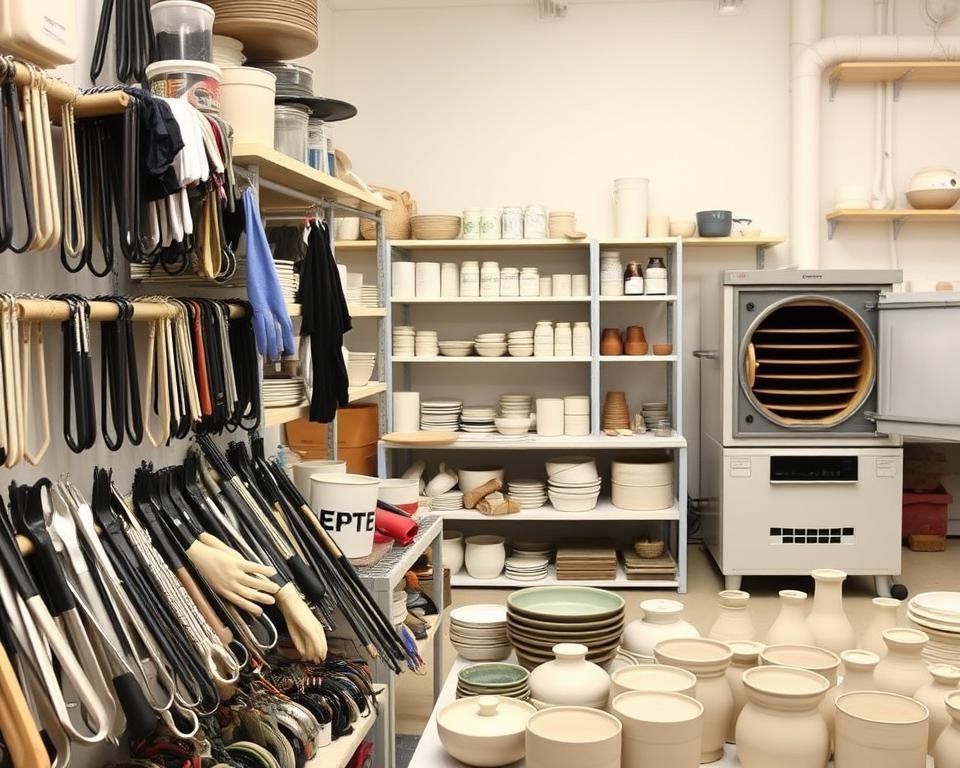 A well-organized ceramic studio, with a neatly arranged assortment of kiln accessories meticulously stored on shelves. The foreground showcases an array of tongs, gloves, and other essential tools, arranged in a visually appealing manner. In the middle ground, a series of shelves hold various sized ceramic pieces, glaze jars, and other studio supplies, all labeled and easily accessible. The background features a clean, well-lit workspace with a large, functional kiln, its accessories stored nearby in an efficient and organized fashion. The overall scene conveys a sense of professionalism, efficiency, and a dedication to the craft of ceramics.