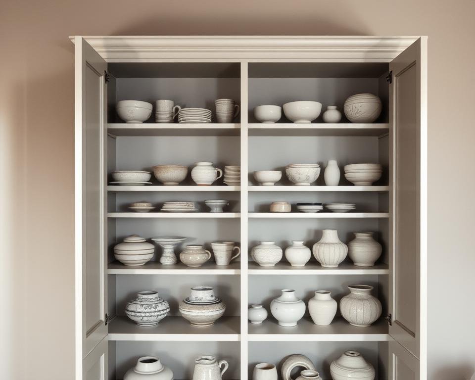 A well-organized pottery cabinet, its shelves filled with neatly arranged ceramic pieces. The cabinet's clean, minimalist design showcases the beauty of the pottery, bathed in soft, even lighting that casts gentle shadows. The cabinet's door is slightly ajar, hinting at the carefully curated collection within. In the background, a muted, neutral-toned wall provides a serene backdrop, allowing the pottery to take center stage. The overall scene conveys a sense of order, organization, and reverence for the carefully preserved ceramics.