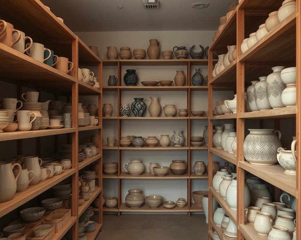 A well-organized pottery storage unit with ample shelving, featuring handcrafted ceramic pieces neatly arranged in a clean, well-lit environment. The foreground showcases a variety of functional pottery items, such as mugs, bowls, and vases, carefully placed on wooden or metal shelves. The middle ground depicts additional shelves displaying decorative pottery pieces, including intricate patterns and textures. The background features a neutral-toned wall, complementing the natural beauty of the pottery and creating a calming, serene atmosphere. The lighting is soft and diffused, highlighting the unique characteristics of each piece. The overall composition conveys a sense of order, preservation, and appreciation for the handmade nature of the pottery.