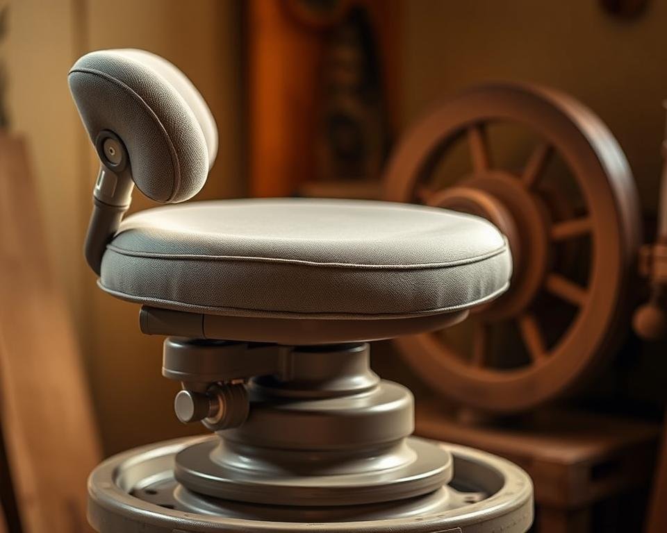 An ergonomic pottery wheel seat, with a comfortable cushioned surface and backrest, positioned at the perfect height and angle for long sessions at the wheel. The seat is situated on a sturdy base, allowing for smooth rotation and easy adjustment. Warm, indirect lighting illuminates the scene, creating a calming, focused atmosphere. The wheel itself is slightly visible in the background, hinting at the creative process taking place. The overall composition emphasizes the importance of proper seating and posture for the potter, supporting their artistic flow and reducing strain or fatigue. An ergonomic pottery wheel seat, with a comfortable cushioned surface and backrest, positioned at the perfect height and angle for long sessions at the wheel. The seat is situated on a sturdy base, allowing for smooth rotation and easy adjustment. Warm, indirect lighting illuminates the scene, creating a calming, focused atmosphere. The wheel itself is slightly visible in the background, hinting at the creative process taking place. The overall composition emphasizes the importance of proper seating and posture for the potter, supporting their artistic flow and reducing strain or fatigue.