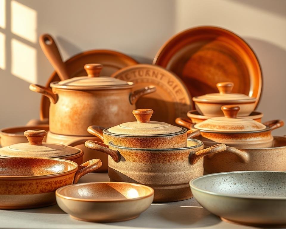 Ceramic cookware set, composed of high-quality stoneware or earthenware pieces, illuminated by warm, natural lighting in a soft, ambient studio setting. Showcasing the tactile textures and earthy hues of the glazed and unglazed surfaces, with a focus on the functional forms and diverse shapes, such as saucepans, skillets, and baking dishes. The cookware is arranged in an appealing, still-life composition, highlighting the practical and aesthetic qualities that make these ceramics well-suited for the kitchen. The overall mood is one of rustic elegance, emphasizing the timeless appeal and versatility of these culinary tools.
