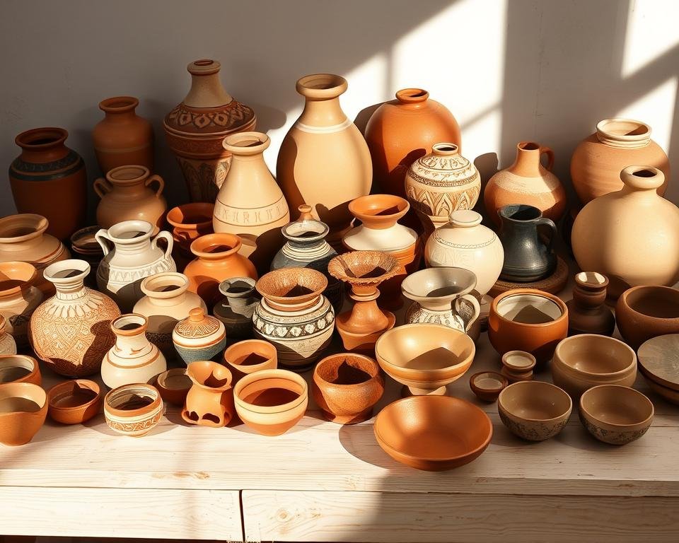 Ceramic pottery collection, meticulously arranged on a light-colored wooden table. Diverse vases, bowls, and plates in earthy tones of brown, beige, and terracotta, some with intricate patterns and glazes. The collection is displayed in a warm, natural light, creating soft shadows and highlights that accentuate the texture and craftsmanship of each piece. A sense of tranquility and appreciation for the handmade permeates the scene, inviting the viewer to connect with the passion and skill of the collectors.