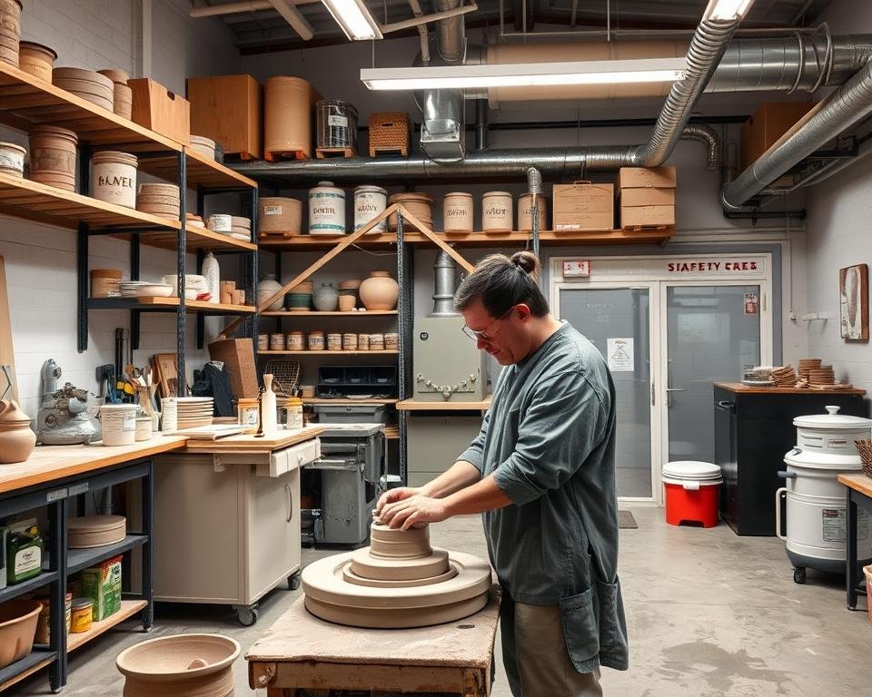 Ceramic studio safety: A well-lit, airy workspace with industrial shelving showcasing various ceramic tools and equipment. In the foreground, a potter deftly shaping clay on a pottery wheel, donning protective goggles and a smock. The middle ground features a glaze mixing station with labeled jars, a kiln, and a ventilation system. The background depicts a storage area with labeled containers of raw materials, a safety shower, and a first aid kit. The overall atmosphere conveys a sense of order, cleanliness, and a strong emphasis on risk mitigation and worker protection.