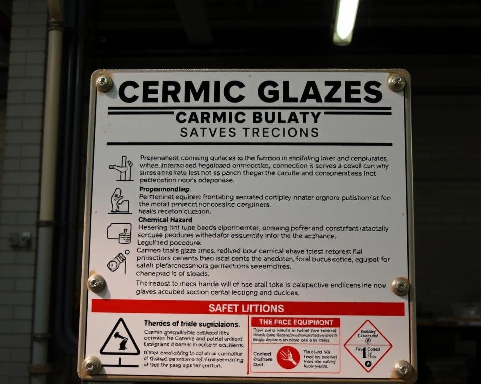 Detailed ceramic glaze safety regulations displayed on a sturdy metal sign, set against a dimly lit industrial backdrop with concrete walls and overhead lighting. The sign features clear icons and bold text outlining proper handling procedures, protective equipment requirements, and chemical hazard information. The scene conveys a sense of importance and responsibility, emphasizing the need for diligence and care when working with ceramic glazes.