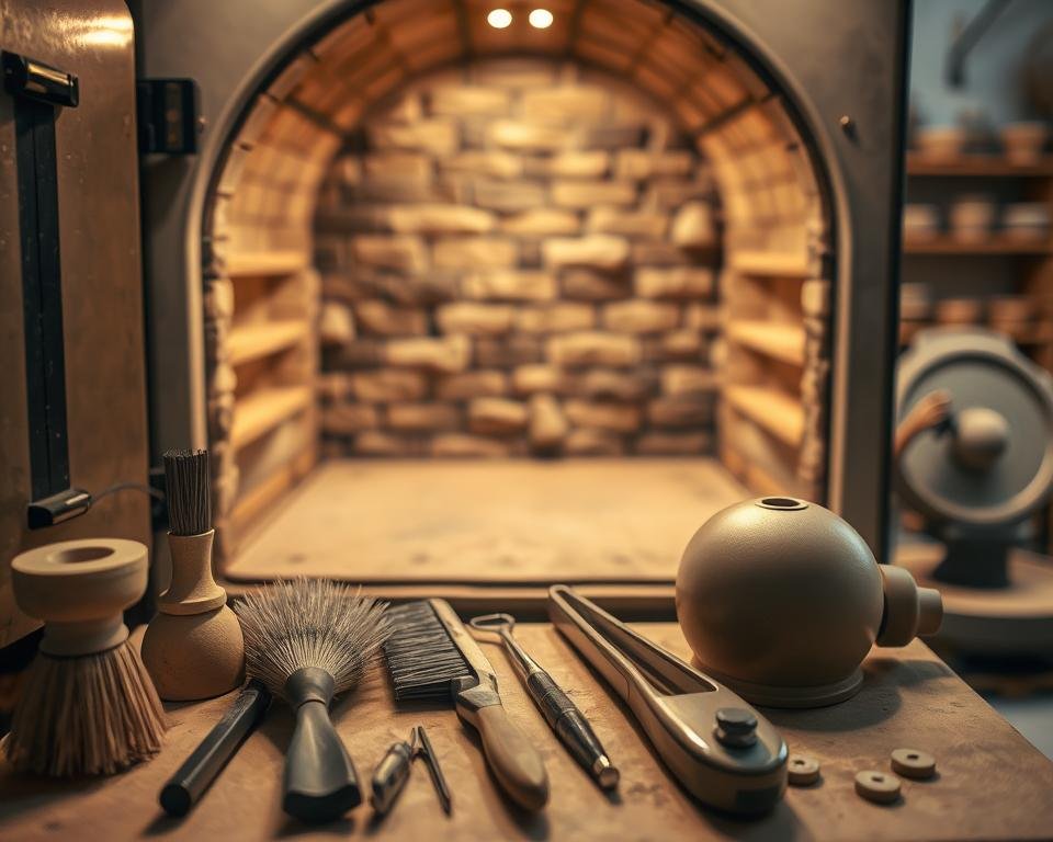Detailed ceramic kiln, illuminated by warm studio lighting, with various maintenance tools arranged neatly in the foreground - wire brushes, scraper, tongs, and a small vacuum. In the middle ground, the kiln's interior is visible, showcasing the elements, shelves, and intricate brickwork. The background features a calm, blurred pottery studio setting, with shelves of finished pieces and a potter's wheel. The overall mood is one of focused attention and care, conveying the importance of proper kiln maintenance for successful ceramic firing.
