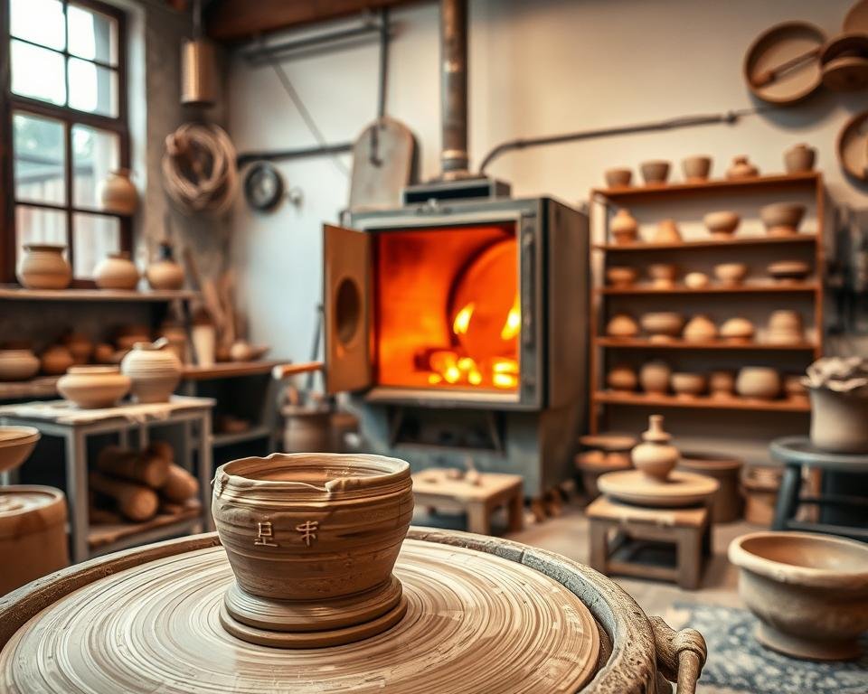 Firing Techniques for Handmade Pottery: a ceramic workshop interior, with a focus on a potter's wheel, kiln, and various ceramic pieces in various stages of the firing process. The scene is well-lit, with warm, natural lighting from large windows, highlighting the textures and colors of the clay. In the foreground, a partially finished pot sits on the potter's wheel, the potter's hands shaping the clay. In the middle ground, a large, industrial-style kiln stands open, revealing the glowing embers inside. Finished, glazed ceramic pieces are arranged on shelves around the kiln. The background features additional tools and equipment used in the pottery-making process, creating a sense of a well-equipped, professional ceramic studio.