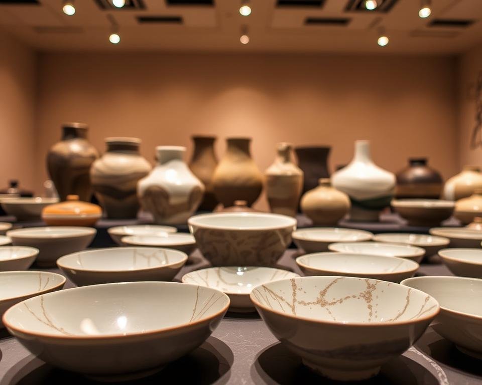 Frits in Glaze Recipes Ceramic: A showcase of expertly crafted ceramic pieces, meticulously illuminated by warm studio lighting. In the foreground, a series of delicate porcelain bowls, their surfaces adorned with intricate patterns and a subtle sheen, the result of the strategic incorporation of frit. In the middle ground, a collection of sculpted vases, their forms elegantly accentuated by the interplay of matte and glossy textures, a testament to the transformative power of frit-enriched glazes. The background depicts a serene, minimalist setting, allowing the ceramic artworks to take center stage, each piece a unique expression of the artist's mastery of the medium. The overall composition conveys a sense of refined elegance and artistic refinement, perfectly encapsulating the essence of "Frits in Glaze Recipes: Elevate Your Ceramic Creations."