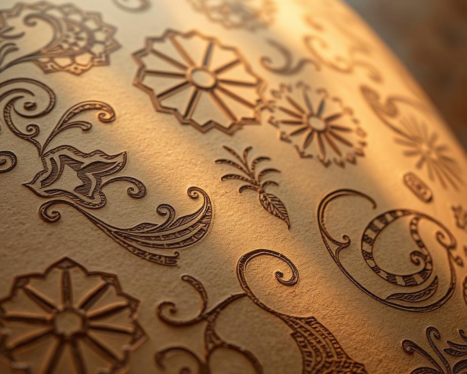 Intricate patterns of Sgraffito decoration adorn the surface, showcasing a captivating interplay of light and shadow. In the foreground, bold geometric shapes and organic motifs emerge from a textured, earthy background, hinting at the depth and complexity of the design. Warm, diffused lighting casts a soft, almost ethereal glow, accentuating the tactile quality of the scratched and incised lines. The composition is balanced, with a harmonious blend of positive and negative space, inviting the viewer to explore the rich, tactile qualities of this ancient decorative technique. An atmosphere of understated elegance and artistic expression permeates the scene, capturing the essence of "Embracing Creativity with Sgraffito".