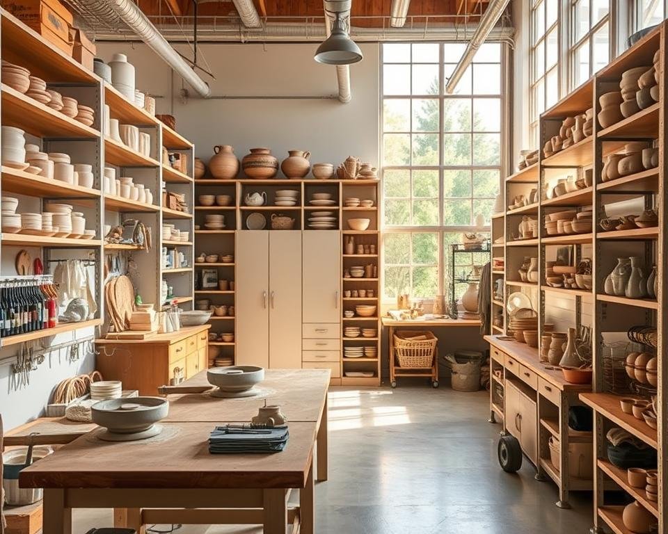 Pottery studio storage solutions: A well-organized, brightly lit workspace with custom shelving units, neatly arranged tools, and an array of clay, glazes, and finished pieces. The foreground showcases a central workbench with pottery wheels, while the middle ground features floor-to-ceiling storage cabinets and shelves holding an assortment of pottery supplies. The background depicts large windows allowing natural light to flood the space, creating a warm and inviting atmosphere for the pottery-making process. The overall composition conveys a sense of efficiency, productivity, and creative inspiration within the pottery studio.