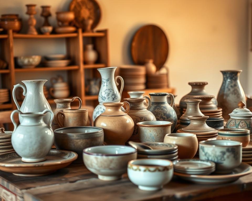 Vintage ceramic collecting: an elegant display of timeless pottery, thoughtfully arranged on a rustic wooden table, bathed in warm, golden light. Delicate porcelain vases, intricate stoneware bowls, and earthy terracotta plates meticulously curated, each piece a testament to the skilled hands of master craftsmen. The scene exudes a sense of history and tradition, inviting the viewer to imagine the stories behind these cherished ceramics. A lens-flared, shallow depth of field emphasizes the tactile beauty of the objects, while the neutral background allows the ceramics to shine as the focal point. This image captures the essence of the ceramic collector's journey, where the pursuit of these timeless treasures becomes a labor of love.