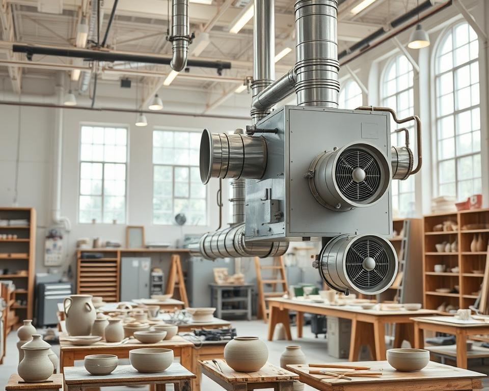 a highly detailed, photorealistic image of an industrial ceramic ventilation system, with a focus on the various components and their intricate workings. The scene should be set in a well-lit ceramic studio, with the ventilation system prominently featured in the foreground. Depict the system's metal ducts, vents, and fans with exceptional precision, showcasing the technical complexity and engineering behind the design. In the middle ground, include ceramic work pieces, tools, and other studio equipment to provide context. The background should feature the studio's architecture, such as high ceilings, large windows, and natural lighting, creating a harmonious and functional workspace. The overall mood should convey a sense of efficiency, organization, and attention to detail, reflecting the best practices for optimal studio ventilation.
